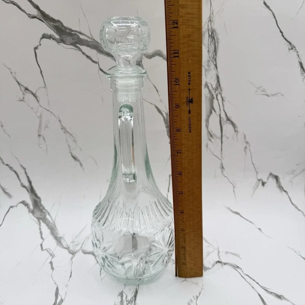 Vintage Starburst Clear Glass Decanter w Stopper MCM Barware Handle 1970s